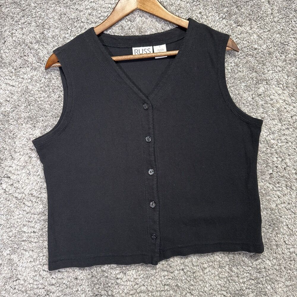 Vintage 90s Waffle Knit Sweater Vest Size Large Cotton Black Boxy Lightweight